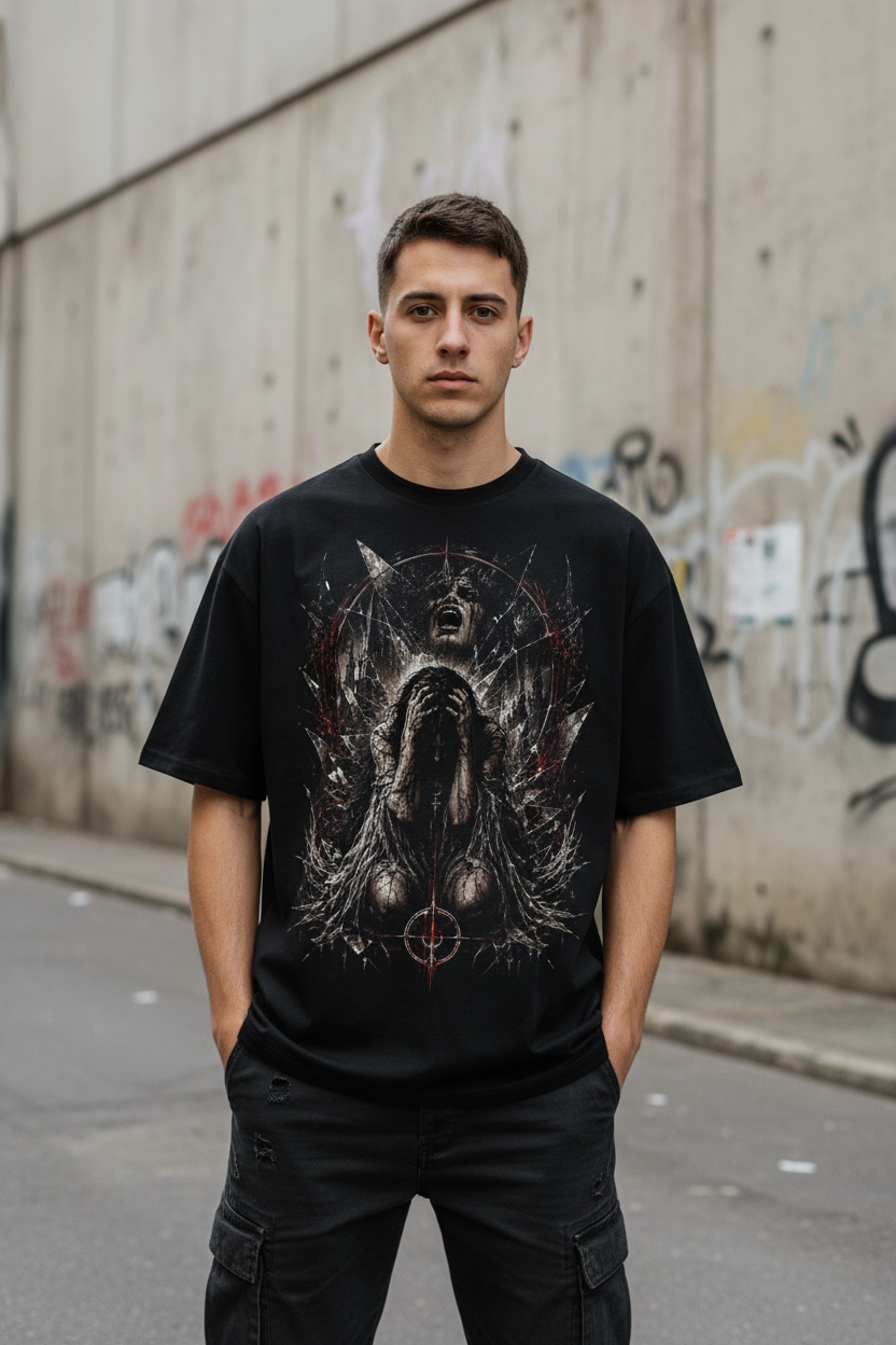 I Hate Myself – NØVAECHO Oversized Shirt – Male Model Lifestyle