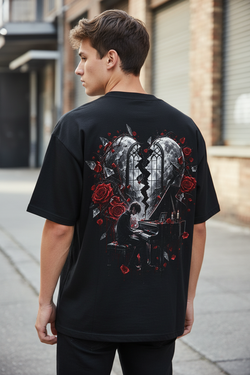 Still In Love Oversized Shirt – Rückansicht mit Gothic Backprint, Pianist, rote Rosen, gebrochenes Herz