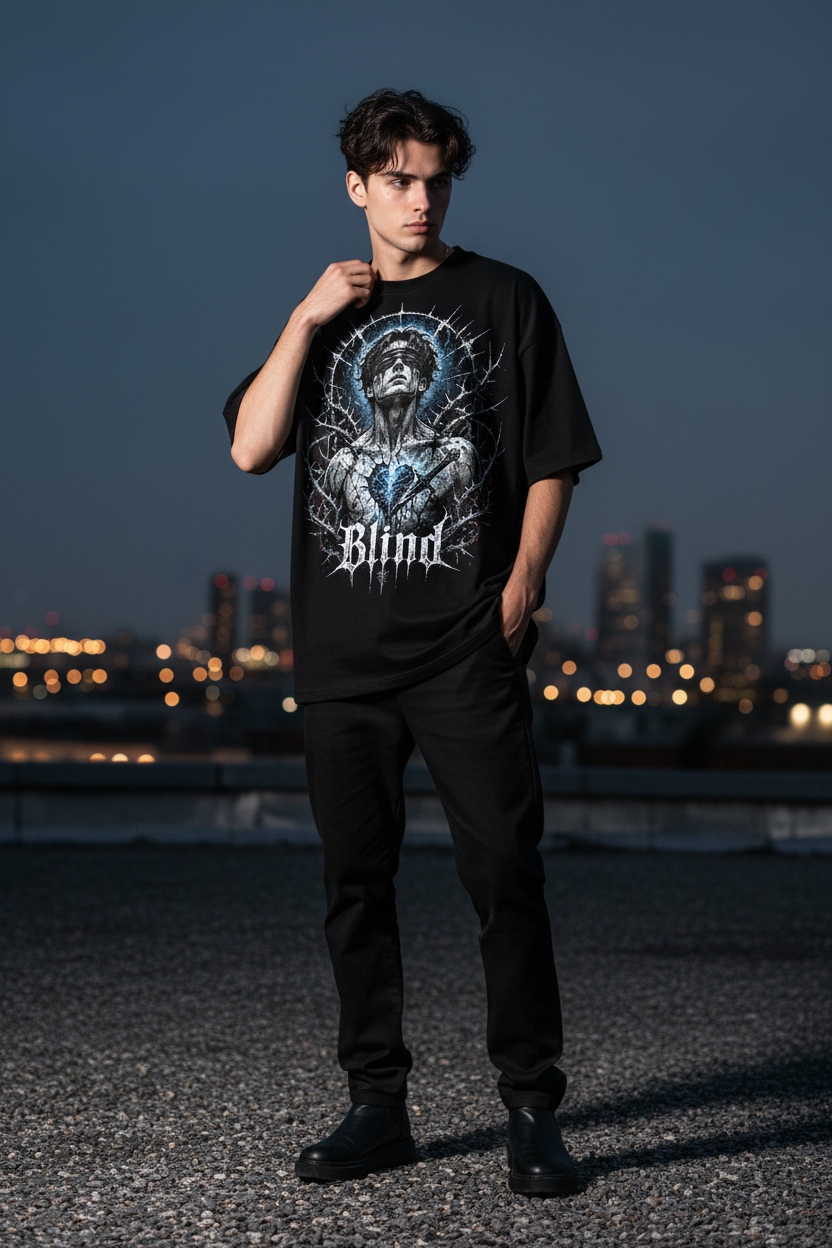 Blind Oversized Shirt – Model auf Rooftop, Gothic Streetwear